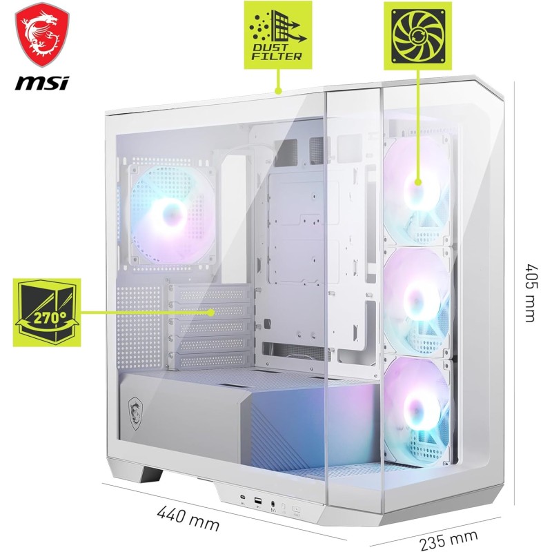 MSI MAG PANO M100R PZ WHITE Case PC Micro-ATX - 3 ventole ARGB da 120mm a lama inversa e 1 ventola ARGB da 120mm con Hub, Supporto GPU, Filtri Antipolvere, USB Type-C (20Gbps) - M100R / Micro-ATX MSI MAG PANO M100R PZ WHITE Case PC Micro-ATX - 3 ventole ARGB da 120mm a lama inversa e 1 ventola ARGB da 120mm con Hub, Supporto GPU, Filtri Antipolvere, USB Type-C (20Gbps) - M100R / Micro-ATX