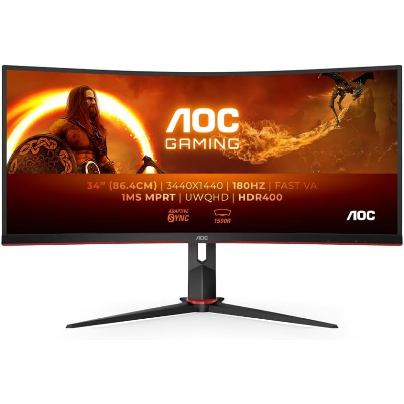 AOC Gaming CU34G2XP - WQHD Curved Monitor da 34 pollici, 180 Hz, FreeSync Prem., HDR400 (3440x1440, 1ms GtG, HDMI, DisplayPort, USB Hub) nero-rosso - 34" WQHD Curvo