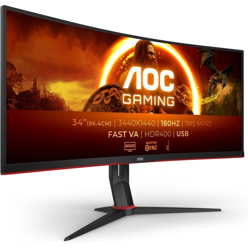 AOC Gaming CU34G2XP - WQHD Curved Monitor da 34 pollici, 180 Hz, FreeSync Prem., HDR400 (3440x1440, 1ms GtG, HDMI, DisplayPort, USB Hub) nero-rosso - 34" WQHD Curvo