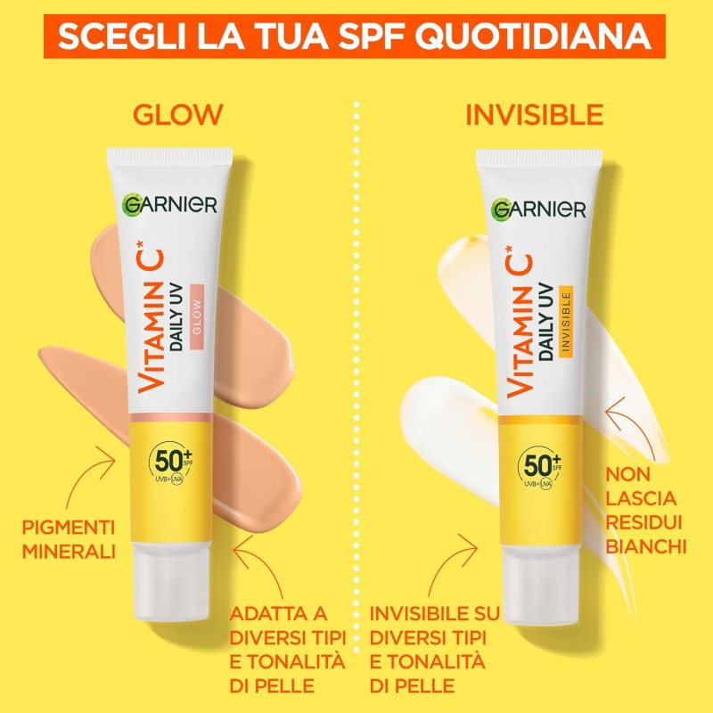 Garnier Fluido Anti-UV Quotidiano Anti-Macchie Glow, SPF 50+, Per Tutti i Tipi di Pelle, Arricchito con Vitamina C*, Protegge dai Raggi UV, Uniforma e Illumina, Daily UV Glow, 40 ml