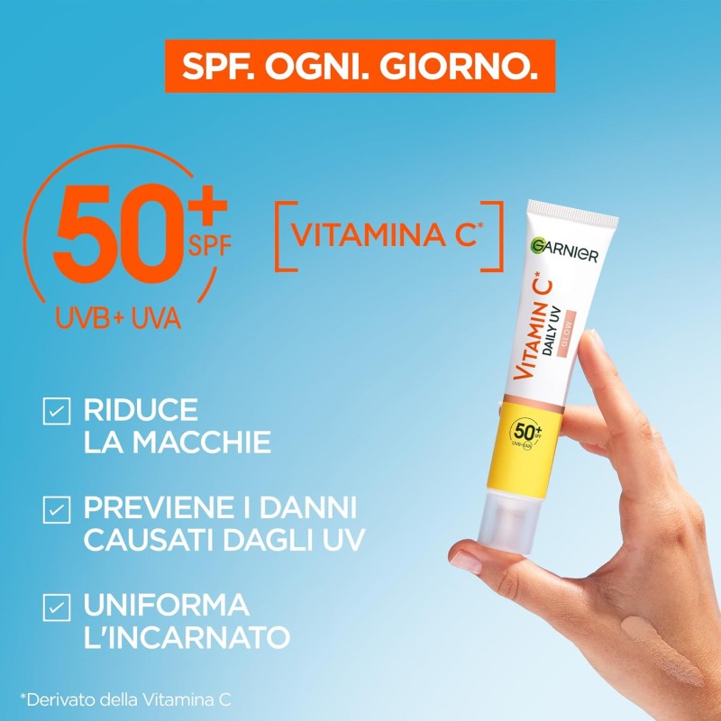 Garnier Fluido Anti-UV Quotidiano Anti-Macchie Glow, SPF 50+, Per Tutti i Tipi di Pelle, Arricchito con Vitamina C*, Protegge dai Raggi UV, Uniforma e Illumina, Daily UV Glow, 40 ml