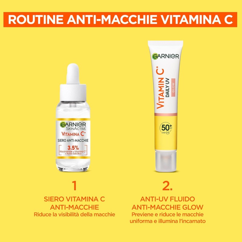 Garnier Fluido Anti-UV Quotidiano Anti-Macchie Glow, SPF 50+, Per Tutti i Tipi di Pelle, Arricchito con Vitamina C*, Protegge dai Raggi UV, Uniforma e Illumina, Daily UV Glow, 40 ml
