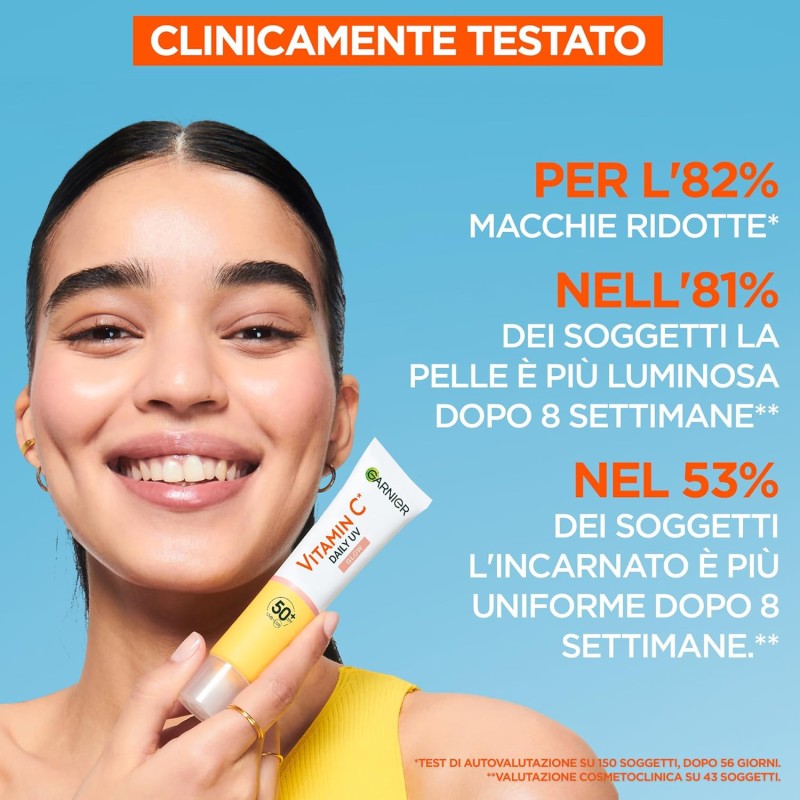 Garnier Fluido Anti-UV Quotidiano Anti-Macchie Glow, SPF 50+, Per Tutti i Tipi di Pelle, Arricchito con Vitamina C*, Protegge dai Raggi UV, Uniforma e Illumina, Daily UV Glow, 40 ml