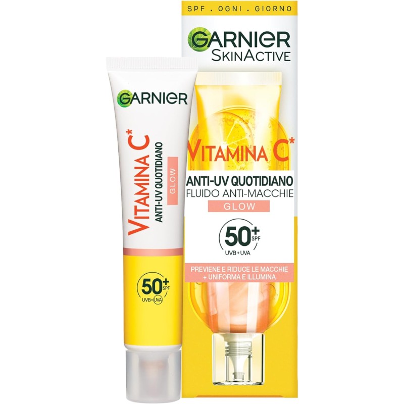 Garnier Fluido Anti-UV Quotidiano Anti-Macchie Glow, SPF 50+, Per Tutti i Tipi di Pelle, Arricchito con Vitamina C*, Protegge dai Raggi UV, Uniforma e Illumina, Daily UV Glow, 40 ml
