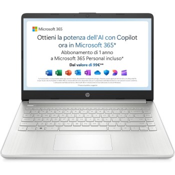 HP Laptop 14s-dq3000sl, Intel Celeron N4500, RAM4GB DDR4, SSD 128GB, Scheda Intel UHD, Display 14” FHD, SVA, Antiriflesso, Wi-Fi, Bluetooth 4.2, Win11S, Microsoft 365 Personal 12 mesi incluso, Argento - 14" HP Laptop 14s-dq3000sl, Intel Celeron N4500, RAM4GB DDR4, SSD 128GB, Scheda Intel UHD, Display 14” FHD, SVA, Antiriflesso, Wi-Fi, Bluetooth 4.2, Win11S, Microsoft 365 Personal 12 mesi incluso, Argento - 14"