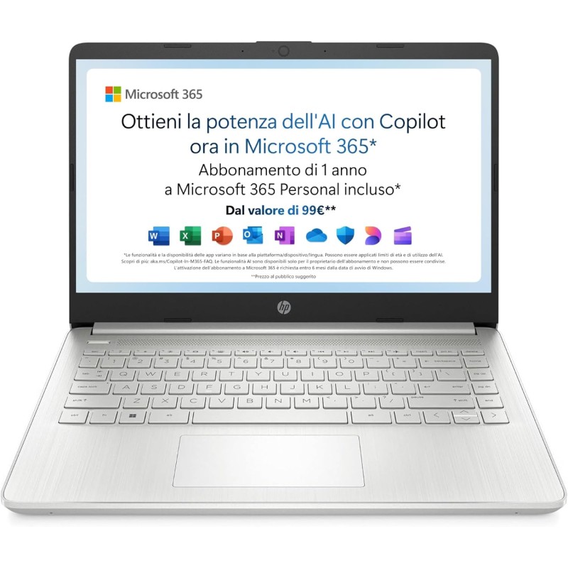 HP Laptop 14s-dq3000sl, Intel Celeron N4500, RAM4GB DDR4, SSD 128GB, Scheda Intel UHD, Display 14” FHD, SVA, Antiriflesso, Wi-Fi, Bluetooth 4.2, Win11S, Microsoft 365 Personal 12 mesi incluso, Argento - 14"