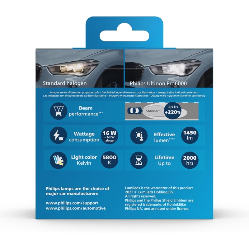 Philips Ultinon Pro6000 Standard H7-LED, lampadina LED omologata*, fino al 220% di luminosità in più**, 5.800K, set di 2