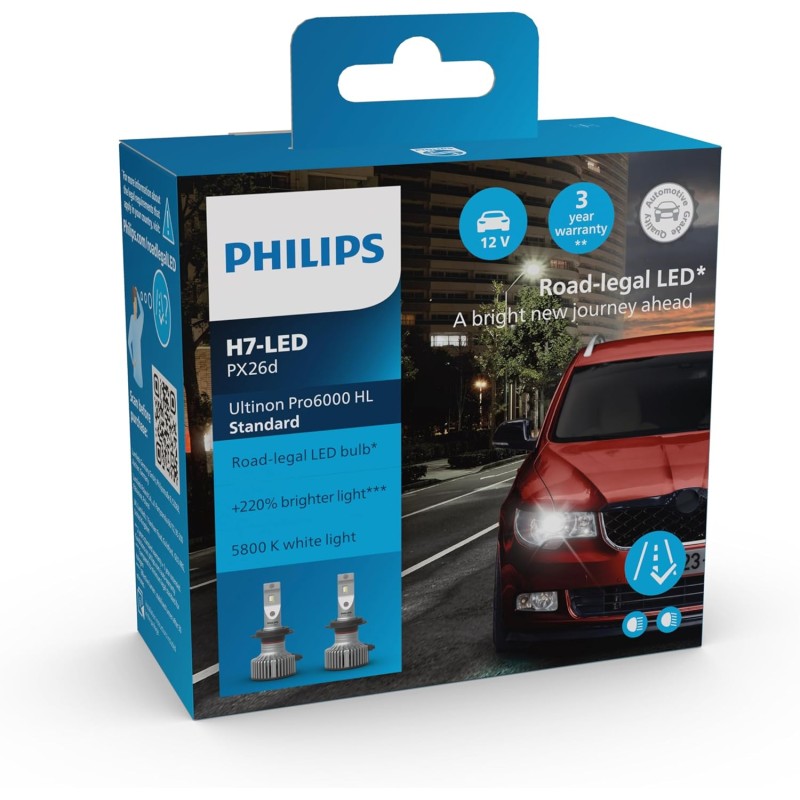 Philips Ultinon Pro6000 Standard H7-LED, lampadina LED omologata*, fino al 220% di luminosità in più**, 5.800K, set di 2
