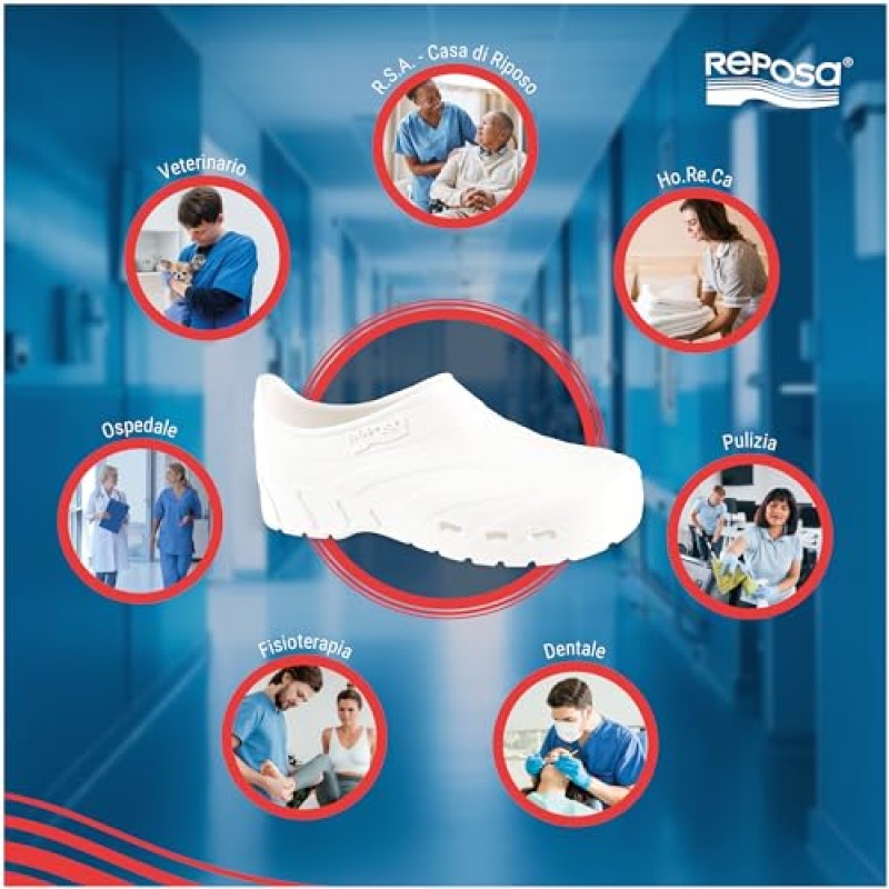 REPOSA Scarpetta - Scarpe Sanitarie Donna e Uomo in Gomma con Chiusura Tallone e Soletta Estraibile, Zoccoli Sanitari Donna e Uomo Anatomici e Antishock, Scarpe da Lavoro Sanitario con Fori Laterali - 38 EU Bianco