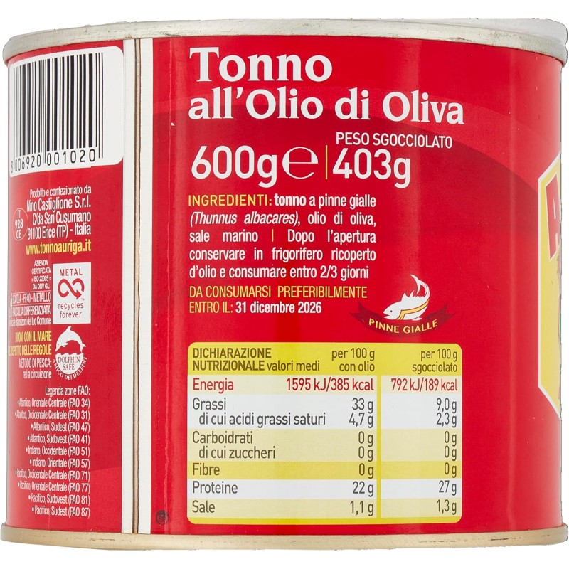 Tonno Auriga all'olio di oliva 600gr. Formato Magnum.Fonte di proteine. Senza conservanti.