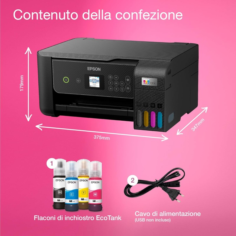 Epson EcoTank ET-2870 Stampante Multifunzione A4, Serbatoi Ricaricabili Alta Capacità, 4 Flaconi Inclusi pari a 3600pag B/N 6500pag Colore, Display LCD Epson EcoTank ET-2870 Stampante Multifunzione A4, Serbatoi Ricaricabili Alta Capacità, 4 Flaconi Inclusi pari a 3600pag B/N 6500pag Colore, Display LCD