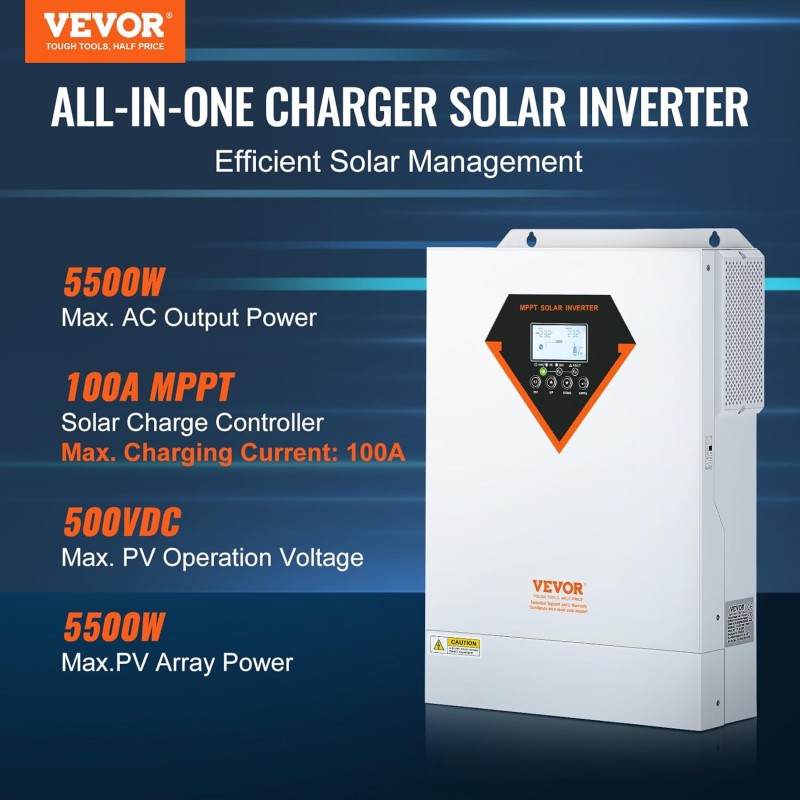 VEVOR Inverter Ibrido da 5500W Convertitore Solare Ibrido 230V CA Onda Sinusoidale Pura Off-Grid con Regolatore di Carica Solare MPPT 100A Integrato, Inverter Solare Ibrido Regolatore MPPT Integrato