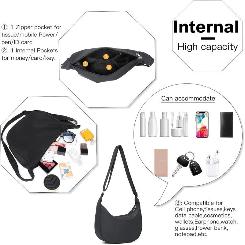 Miss Lulu Borsa Tracolla Donna Nero Nylon Impermeabile, Borse Mezzaluna Marsupio Spalla Con con Tracolla Regolabile, Messenger Crossbody Bag per Shopping Viaggio - 2-1 Nero Miss Lulu Borsa Tracolla Donna Nero Nylon Impermeabile, Borse Mezzaluna Marsupio Spalla Con con Tracolla Regolabile, Messenger Crossbody Bag per Shopping Viaggio - 2-1 Nero