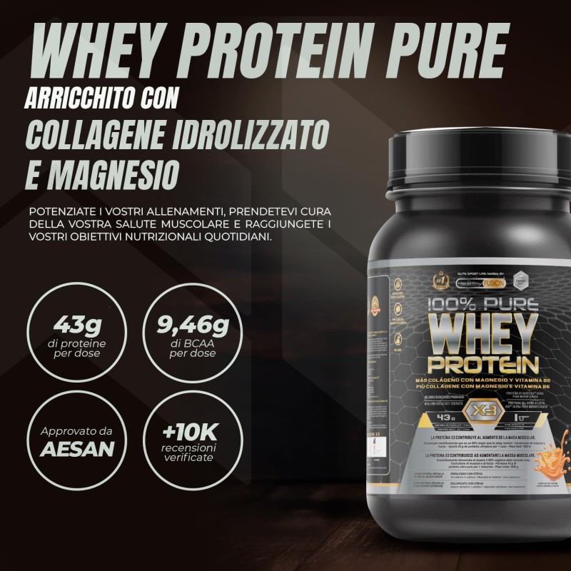 Healthy FUSION Whey protein 100% pura | Proteine Whey + Collagene + Magnesio | Proteine del siero di Latte isolate per lo sviluppo muscolare | Massa muscolare pulita | 1000 g caramello salato Healthy FUSION Whey protein 100% pura | Proteine Whey + Collagene + Magnesio | Proteine del siero di Latte isolate per lo sviluppo muscolare | Massa muscolare pulita | 1000 g caramello salato