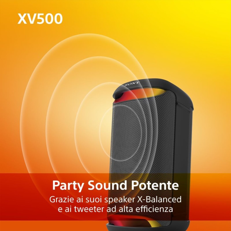 Sony SRS-XV500 Altoparlante Wireless Bluetooth per feste con suono potente e MEGA BASS - Durata batteria 25 ore, portatile, per interni ed esterni, classificazione IPX4, illuminazione, karaoke - Nero