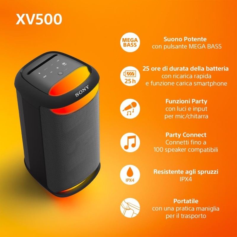 Sony SRS-XV500 Altoparlante Wireless Bluetooth per feste con suono potente e MEGA BASS - Durata batteria 25 ore, portatile, per interni ed esterni, classificazione IPX4, illuminazione, karaoke - Nero