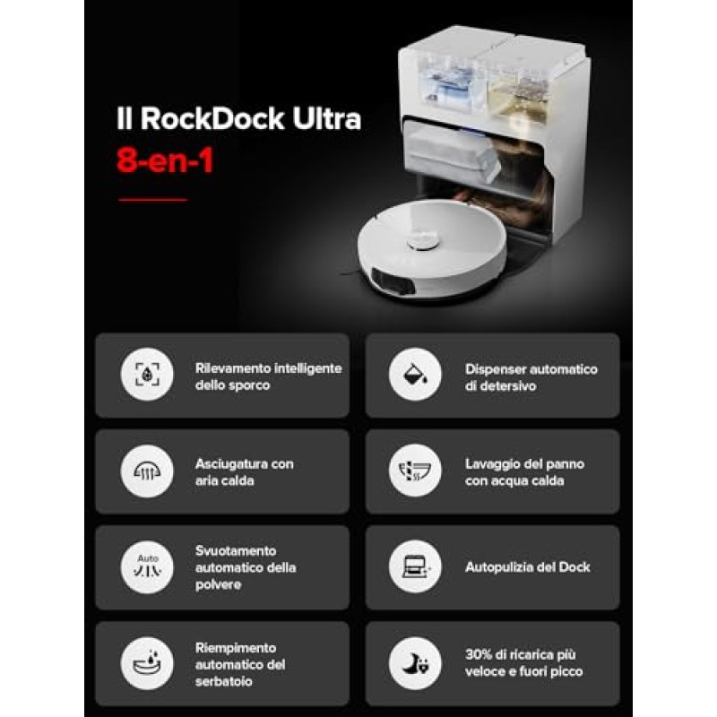 roborock S8 MaxV Ultra Robot Aspirapolvere e Lavapavimenti, RockDock Ultra 8-in-1 Stazione Autopulente, Distributore Auto di Detersivo, 10000Pa, Reactive AI 2.0, Lavaggio Mocio ad Acqua Calda - S8 Maxv Ultra Bianco