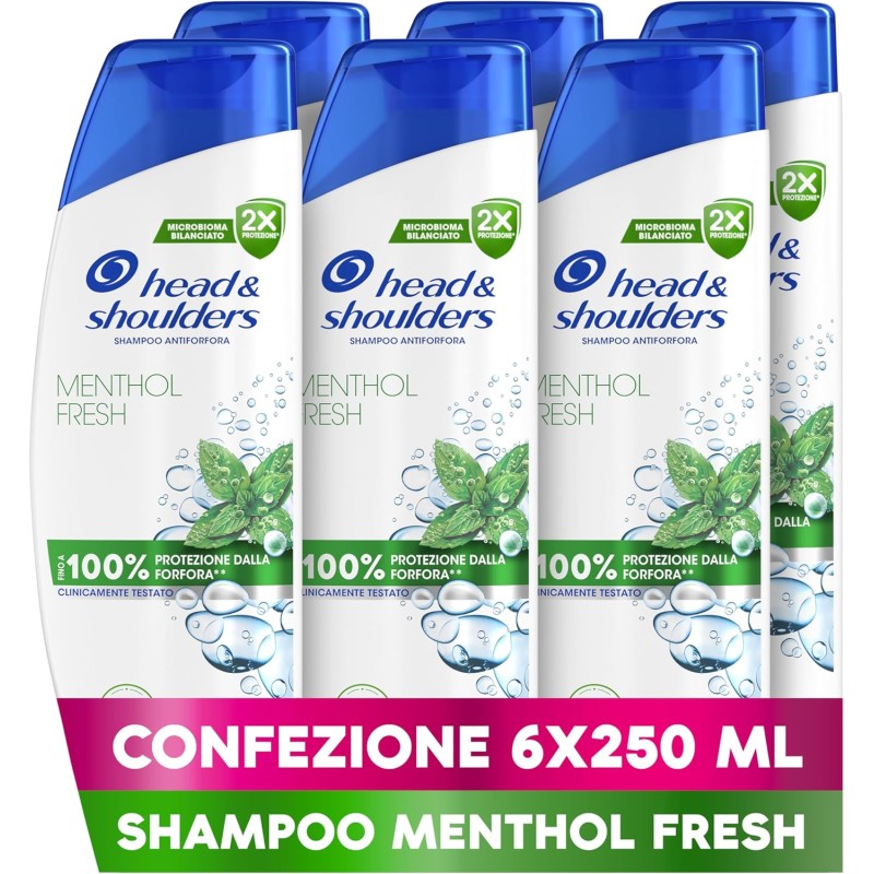 Head & Shoulders Shampoo Antiforfora Menthol Fresh 6X250ml Uso Quotidiano. Fino al 100% Protezione dalla Forfora. Clinicamente Testato. Tutti i Tipi di Cute e Capelli. Sensazione di Freschezza Head & Shoulders Shampoo Antiforfora Menthol Fresh 6X250ml Uso Quotidiano. Fino al 100% Protezione dalla Forfora. Clinicamente Testato. Tutti i Tipi di Cute e Capelli. Sensazione di Freschezza