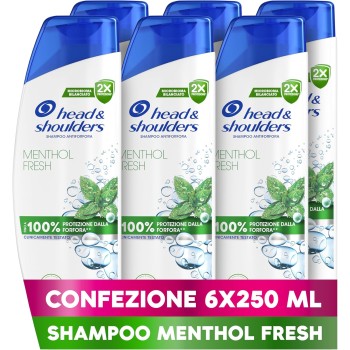 Head & Shoulders Shampoo Antiforfora Menthol Fresh 6X250ml Uso Quotidiano. Fino al 100% Protezione dalla Forfora. Clinicamente Testato. Tutti i Tipi di Cute e Capelli. Sensazione di Freschezza