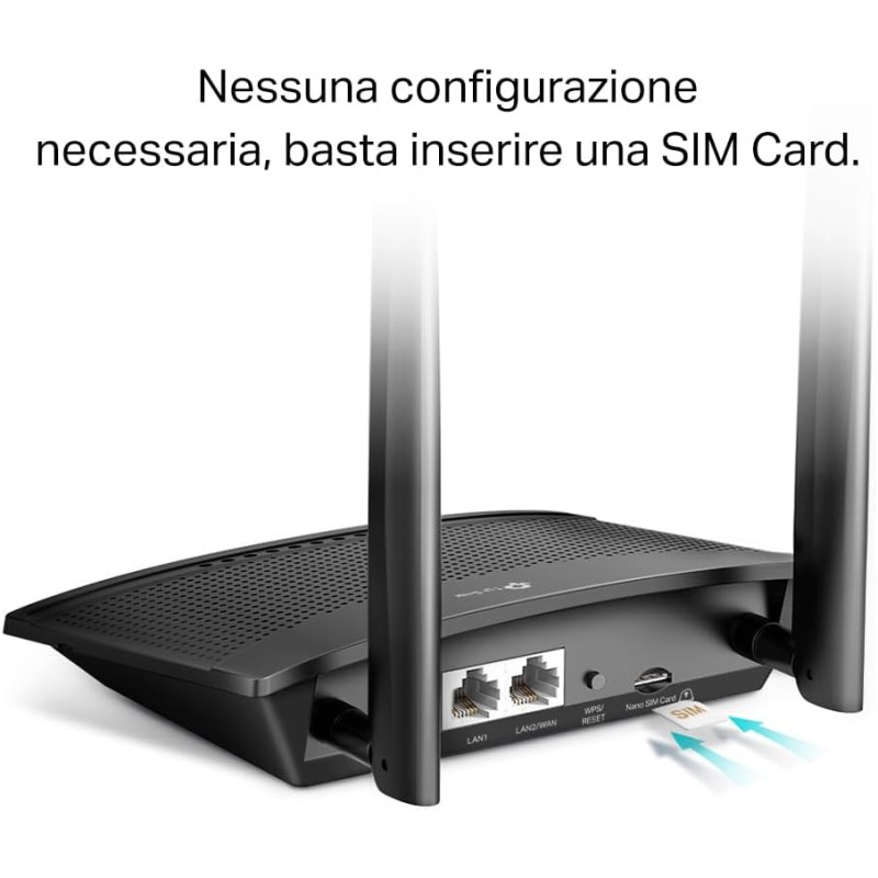 TP-Link TL-MR110 Cat4 Router 4G LTE Wireless N300Mbps, Router WiFi con Sim, Due Antenne LTE Rimovibili, Porta LAN/WAN, Modem 4G Sim, Senza Configurazione, Collega Fino a 32 Dispositivi, Plug&Play