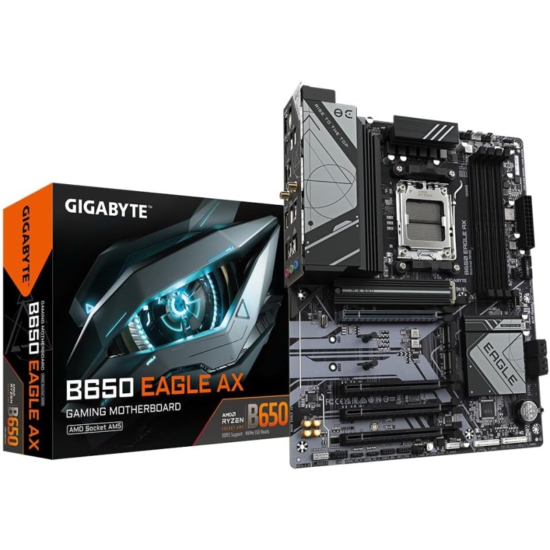 GIGABYTE B650 EAGLE AX Scheda madre - AMD Ryzen serie 9000, VRM a 12+2+2 fasi, fino a 7600 MHz DDR5 (OC), 1xPCIe 5.0 + 2xPCIe 4.0 M.2, LAN GbE, WIFI 6E, USB 3.2 Gen 2 - ATX GIGABYTE B650 EAGLE AX Scheda madre - AMD Ryzen serie 9000, VRM a 12+2+2 fasi, fino a 7600 MHz DDR5 (OC), 1xPCIe 5.0 + 2xPCIe 4.0 M.2, LAN GbE, WIFI 6E, USB 3.2 Gen 2 - ATX