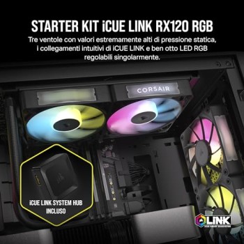 CORSAIR iCUE LINK RX120 RGB 120 mm Ventole PWM con Hub di Sistema iCUE LINK - Cuscinetto a Cupola Magnetica - Confezione Tripla - Nero - 3 x 120mm Nero