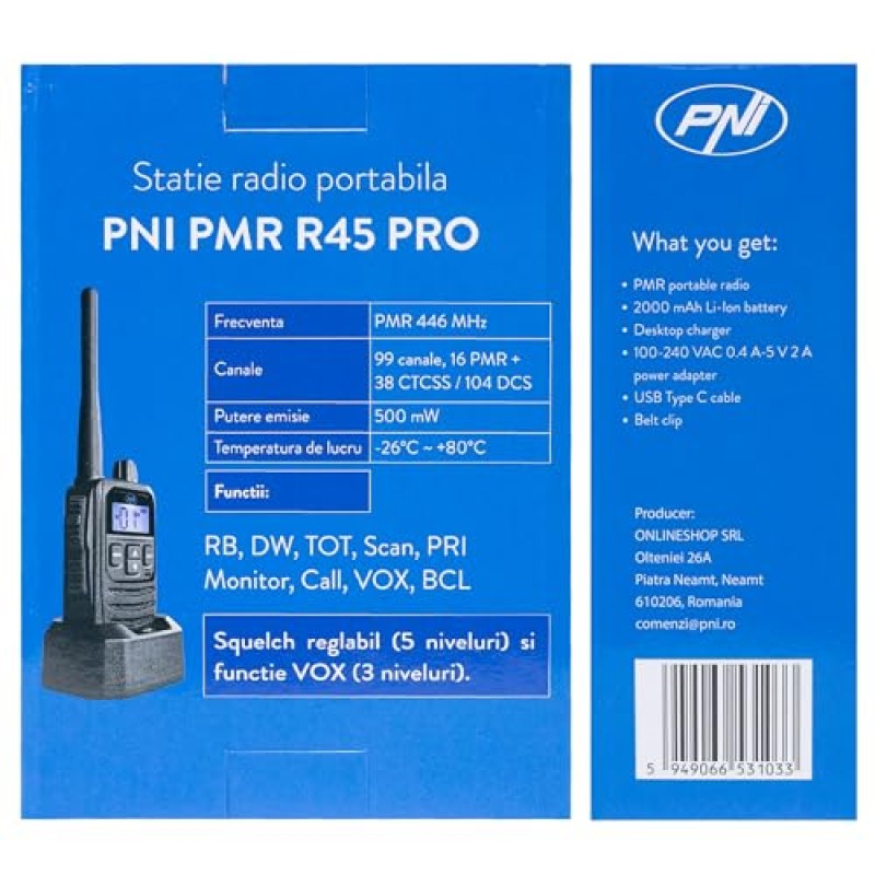 PMR R45 PRO 446 MHz, 0,5 W, 99 canali programmabili, 16 PMR e 38 CTCSS e 104 toni DCS, silenzioso a 5 livelli, VOX, TOT, BCL, Scan, Roger Beep - Distance from 8 km PMR R45 PRO 446 MHz, 0,5 W, 99 canali programmabili, 16 PMR e 38 CTCSS e 104 toni DCS, silenzioso a 5 livelli, VOX, TOT, BCL, Scan, Roger Beep - Distance from 8 km