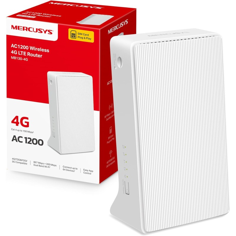 Mercusys TP-Link MB130-4G Cat4 AC1200Mbps Router 4G LTE Wireless Dual-Band, Router WiFi con Sim, Porta LAN/WAN, Modem 4G Sim, Senza Configurazione, Antenne Interne, VPN, Porte Antenna Esterna