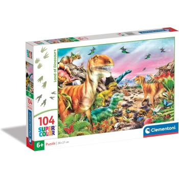 Clementoni - 25768 - Supercolor Puzzle - Land of Dinosaurs - 104 Pezzi - Puzzle Bambini 6 Anni, Puzzle Animali, Dinosauri, Illustrazione, Made In Italy