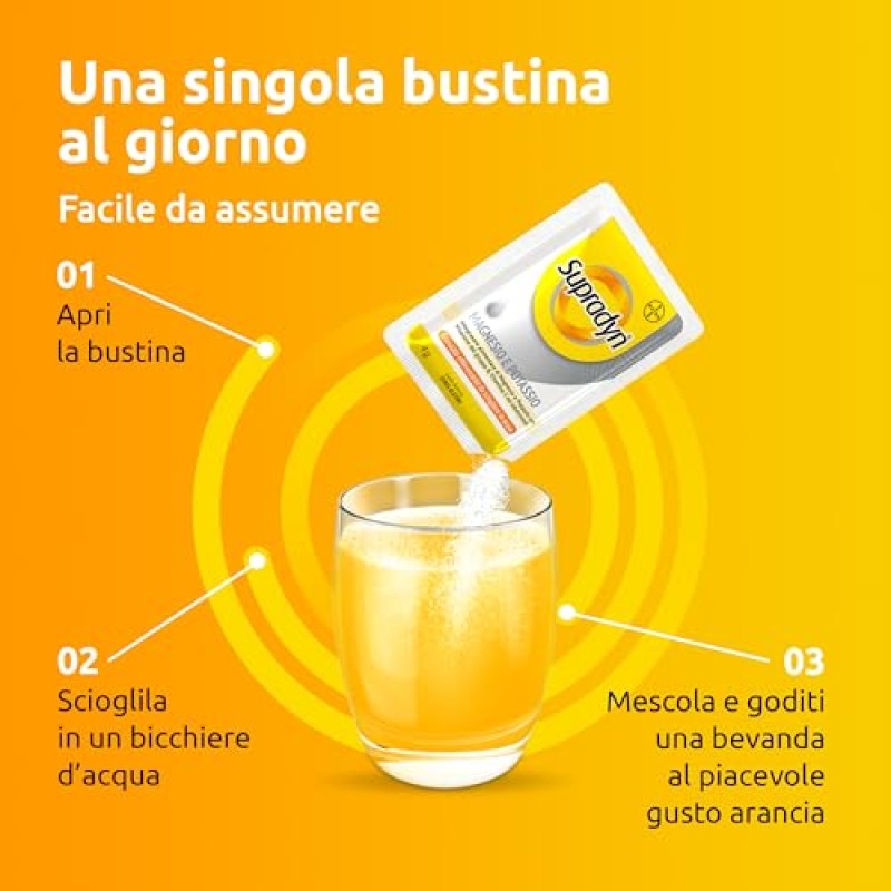 Supradyn Magnesio e Potassio Integratore Multivitaminico con Vitamine B, Vitamina C e Sali Minerali per Stanchezza, Caldo e Sport, 60 Bustine Effervescenti Senza Zucchero, Gusto Arancia - 240 g (Confezione da 1)