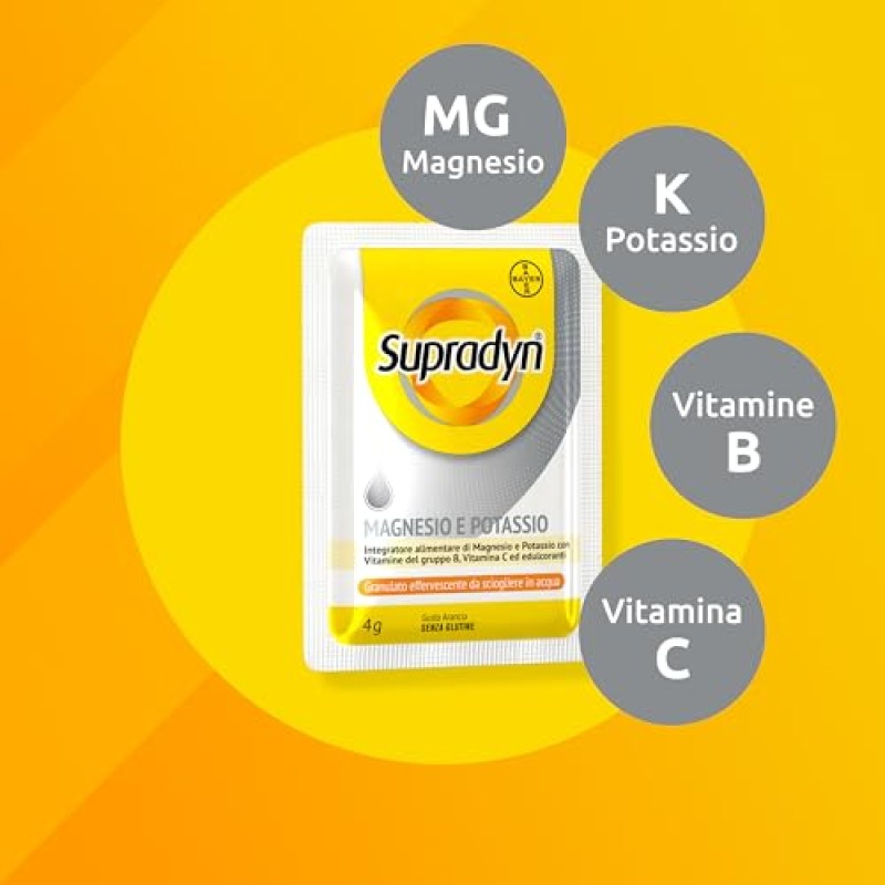 Supradyn Magnesio e Potassio Integratore Multivitaminico con Vitamine B, Vitamina C e Sali Minerali per Stanchezza, Caldo e Sport, 60 Bustine Effervescenti Senza Zucchero, Gusto Arancia - 240 g (Confezione da 1)