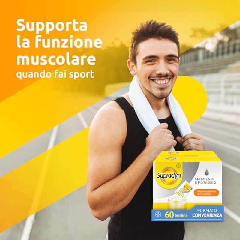 Supradyn Magnesio e Potassio Integratore Multivitaminico con Vitamine B, Vitamina C e Sali Minerali per Stanchezza, Caldo e Sport, 60 Bustine Effervescenti Senza Zucchero, Gusto Arancia - 240 g (Confezione da 1)