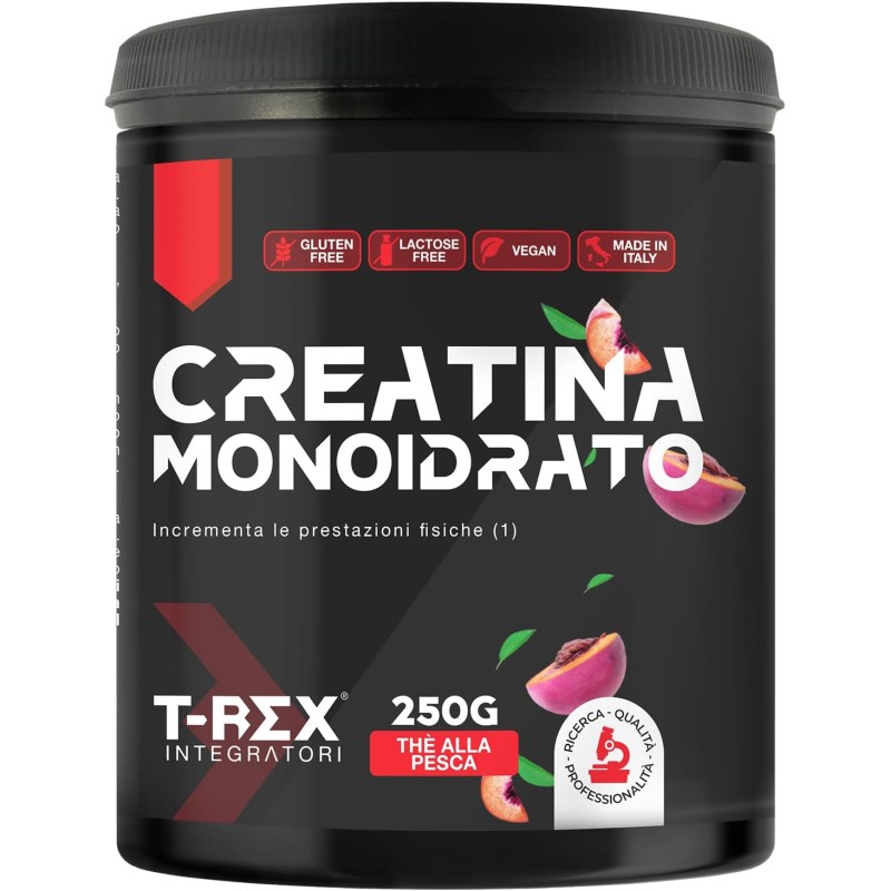 T-Rex Integratori Creatina Monoidrata - Integratore alimentare per massa muscolare e boost energetico pre workout (Thè Alla Pesca, 250 g (Confezione da 1)) - 1 unità (Confezione da 1) T-Rex Integratori Creatina Monoidrata - Integratore alimentare per massa muscolare e boost energetico pre workout (Thè Alla Pesca, 250 g (Confezione da 1)) - 1 unità (Confezione da 1)