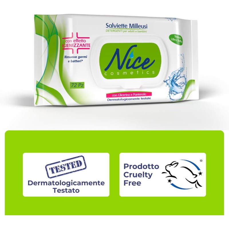 Nice Salviette Milleusi Igienizzanti, Fresche e Idratanti sulla Pelle Con Glicerina e Pantenolo, Confezione da 72 Salviette Umidificate - 1 unità (Confezione da 1)