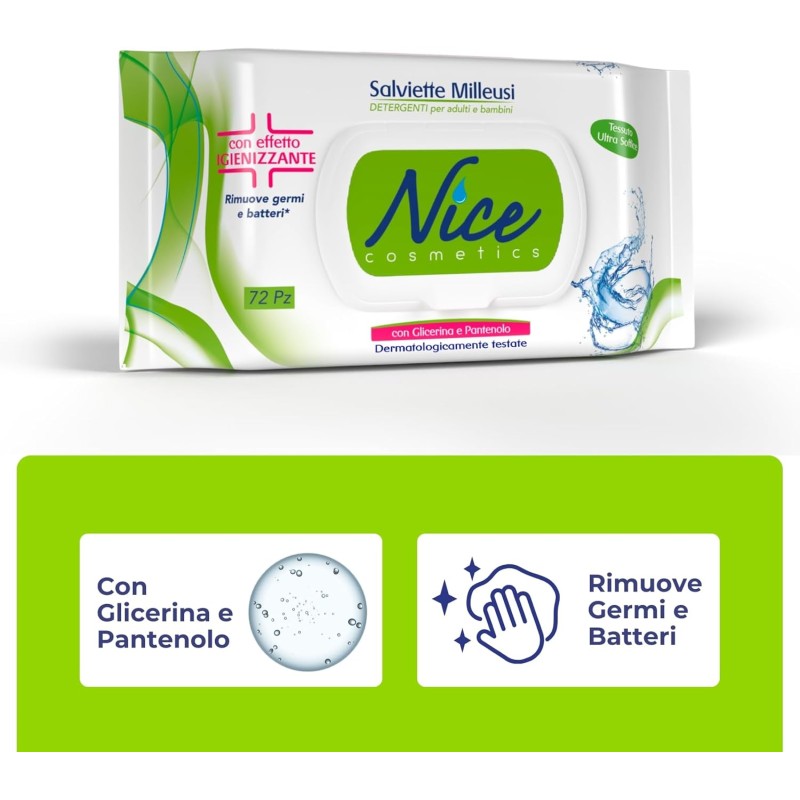 Nice Salviette Milleusi Igienizzanti, Fresche e Idratanti sulla Pelle Con Glicerina e Pantenolo, Confezione da 72 Salviette Umidificate - 1 unità (Confezione da 1)