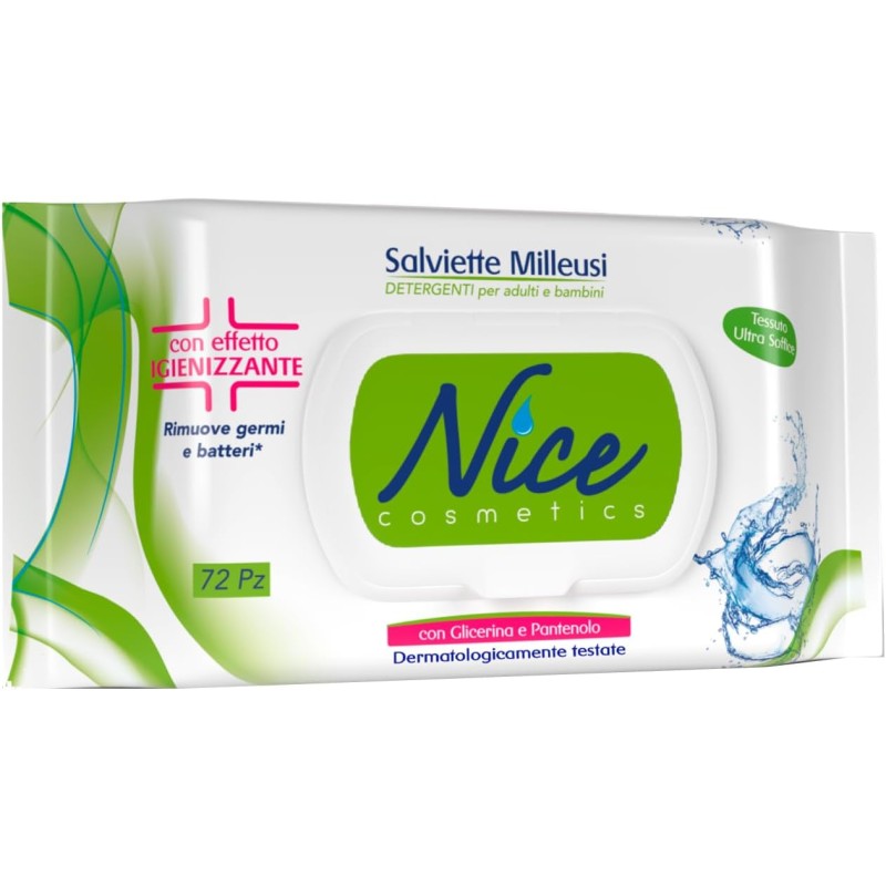 Nice Salviette Milleusi Igienizzanti, Fresche e Idratanti sulla Pelle Con Glicerina e Pantenolo, Confezione da 72 Salviette Umidificate - 1 unità (Confezione da 1)