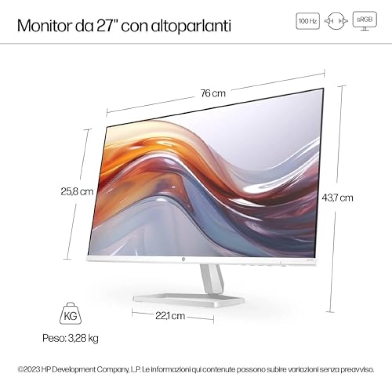 HP 527sa Monitor con Casse, Schermo da 27" FHD IPS Antiriflesso, Tecnologia Eye Ease, Tempo Risposta 5 ms GtG Overdrive, Risoluzione 1920 x 1080, Software Display Center, HDMI, Bianco