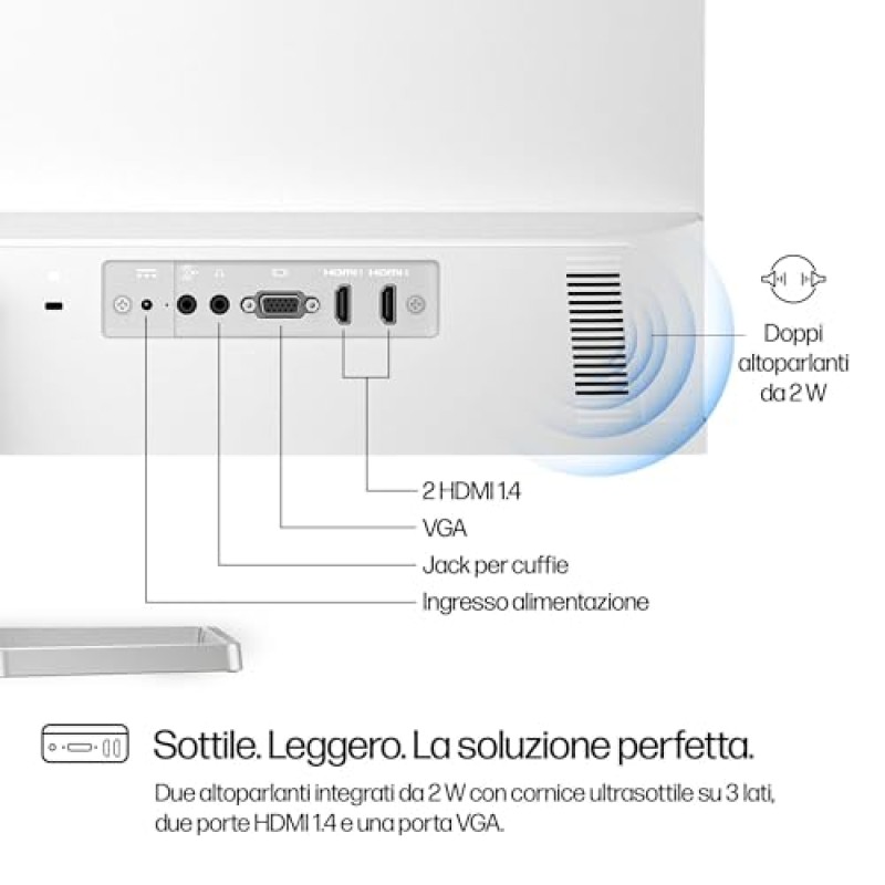 HP 527sa Monitor con Casse, Schermo da 27" FHD IPS Antiriflesso, Tecnologia Eye Ease, Tempo Risposta 5 ms GtG Overdrive, Risoluzione 1920 x 1080, Software Display Center, HDMI, Bianco
