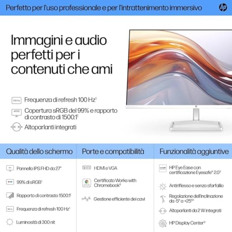 HP 527sa Monitor con Casse, Schermo da 27" FHD IPS Antiriflesso, Tecnologia Eye Ease, Tempo Risposta 5 ms GtG Overdrive, Risoluzione 1920 x 1080, Software Display Center, HDMI, Bianco