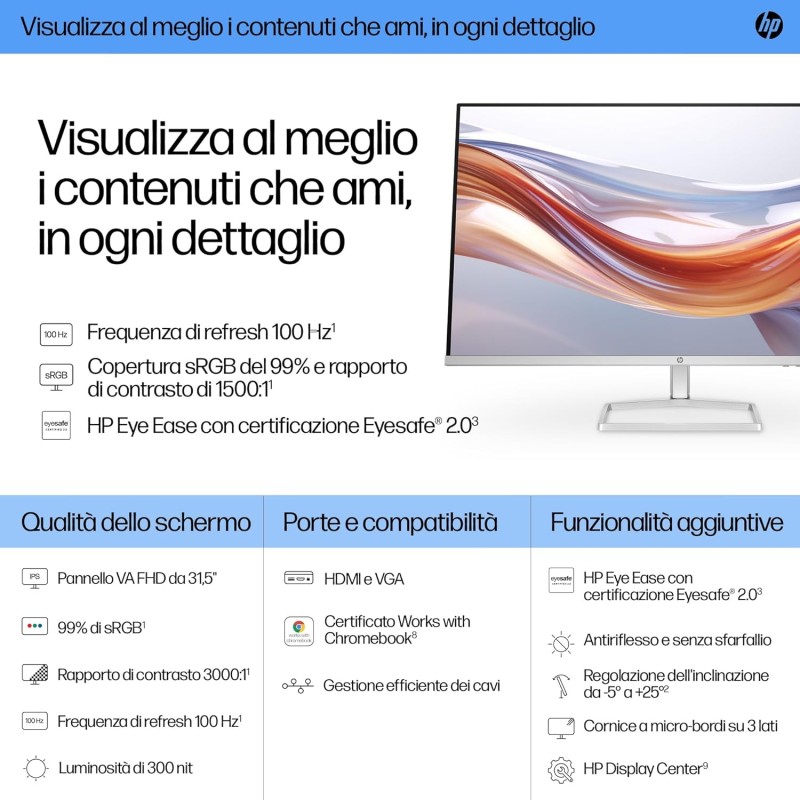 HP 532sf Monitor, Schermo da 31,5" FHD IPS Antiriflesso, Tecnologia Eye Ease, Tempo Risposta 5 ms GtG Overdrive, Risoluzione 1920 x 1080, Software Display Center, HDMI, Nero - 32"