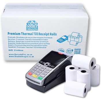 Double Dragon, Rotolo di ricevuta termica premium da 57 x 40 mm per macchina per carte di credito PDQ, POS, EPOS, registratore di cassa [Confezione da 10] - 10 rotoli