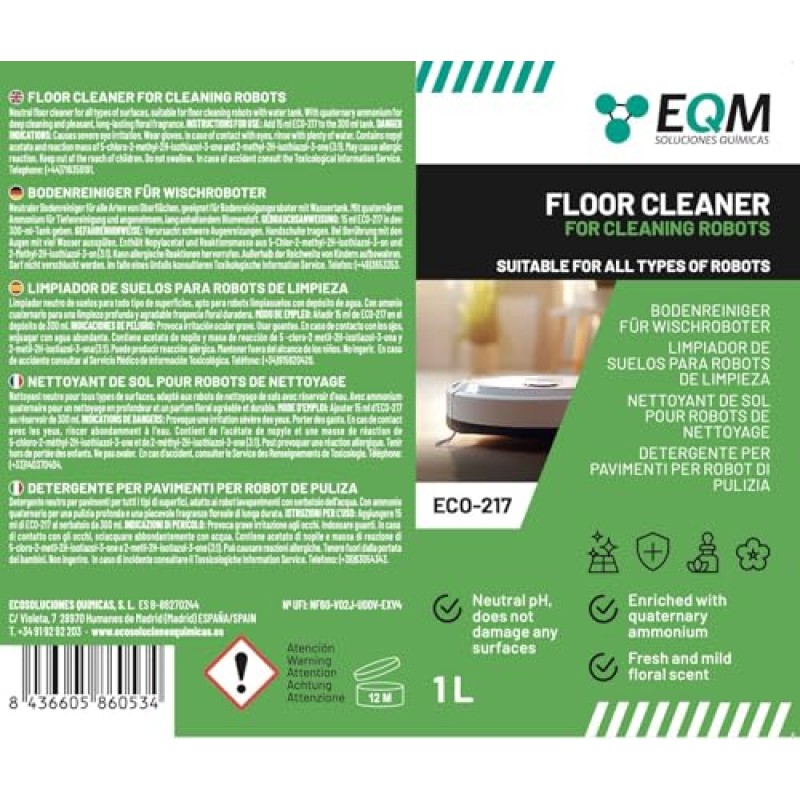 EQM - ECO-217 - Detergente per Robot Lavapavimenti - 1L - Valido per Qualsiasi Superficie grazie al Suo pH Neutro - Aroma Floreale - Packaging May Vary EQM - ECO-217 - Detergente per Robot Lavapavimenti - 1L - Valido per Qualsiasi Superficie grazie al Suo pH Neutro - Aroma Floreale - Packaging May Vary