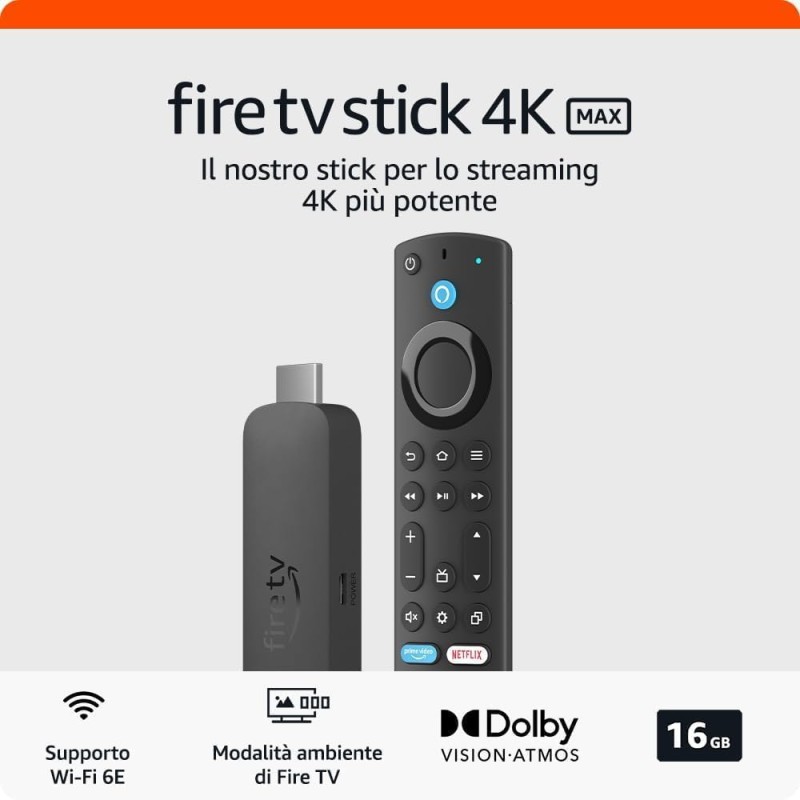 Fire TV Stick 4K Max di Amazon (Ultimo modello), Dispositivo per lo streaming con supporto per Wi-Fi 6E e modalità ambiente