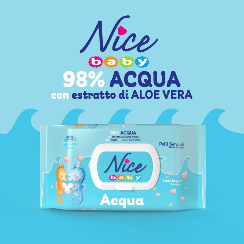 Nice Baby Acqua Salviette per Cambio Pannolino, con il 98% di Acqua ed Estratto di Aloe, Dermatologicamente Testate, Confezione da 72 Salviette Nice Baby Acqua Salviette per Cambio Pannolino, con il 98% di Acqua ed Estratto di Aloe, Dermatologicamente Testate, Confezione da 72 Salviette