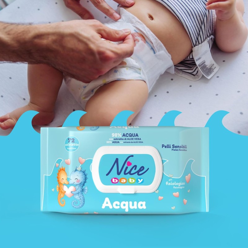 Nice Baby Acqua Salviette per Cambio Pannolino, con il 98% di Acqua ed Estratto di Aloe, Dermatologicamente Testate, Confezione da 72 Salviette Nice Baby Acqua Salviette per Cambio Pannolino, con il 98% di Acqua ed Estratto di Aloe, Dermatologicamente Testate, Confezione da 72 Salviette