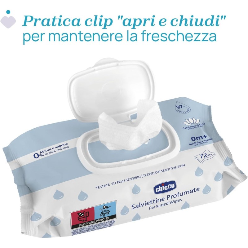Chicco Salviette multiuso per neonati con placca senza alcool, profumate per pelli sensibili, confezione multipla da 864 salviette, 12 confezioni da 72 panni