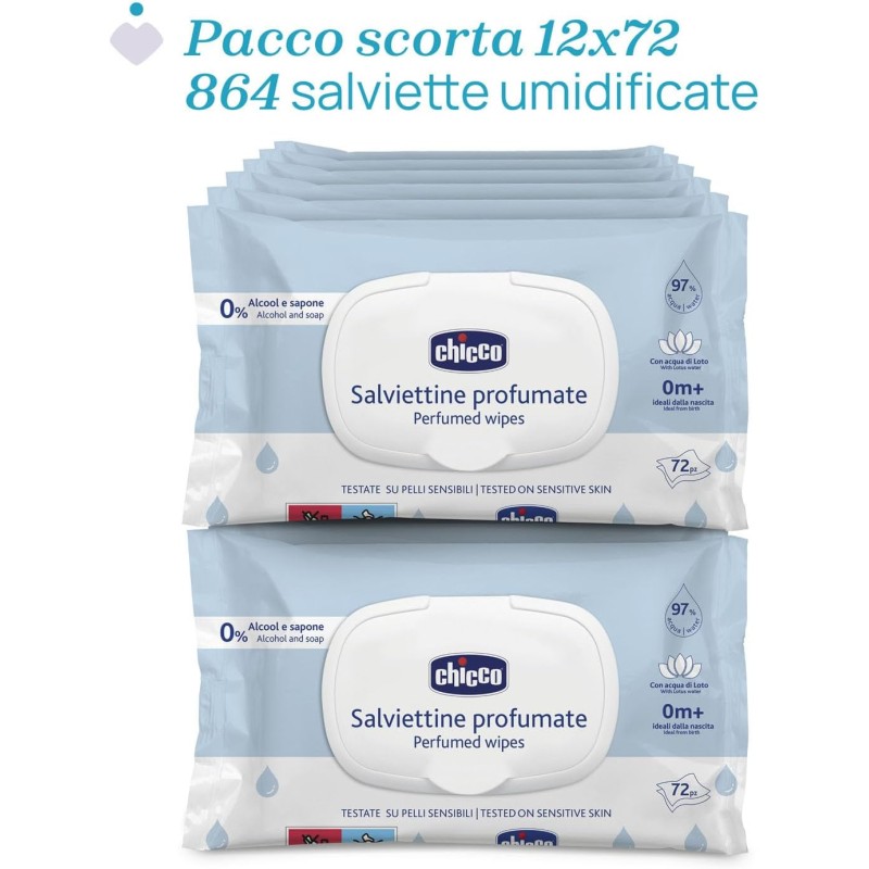 Chicco Salviette multiuso per neonati con placca senza alcool, profumate per pelli sensibili, confezione multipla da 864 salviette, 12 confezioni da 72 panni