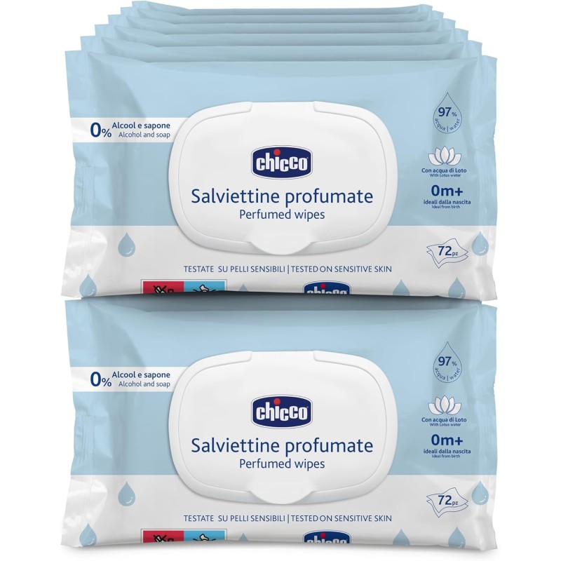 Chicco Salviette multiuso per neonati con placca senza alcool, profumate per pelli sensibili, confezione multipla da 864 salviette, 12 confezioni da 72 panni
