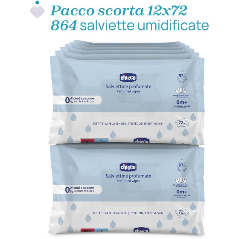 Chicco Salviette Neonato Detergenti Multiuso, Senza Alcool, Profumate, Adatte per Pelli Sensibili, senza flip 2024, Megapack da 864 Salviette, 12 Confezioni da 72 Salviettine