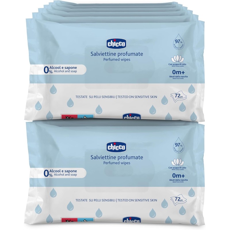 Chicco Salviette Neonato Detergenti Multiuso, Senza Alcool, Profumate, Adatte per Pelli Sensibili, senza flip 2024, Megapack da 864 Salviette, 12 Confezioni da 72 Salviettine